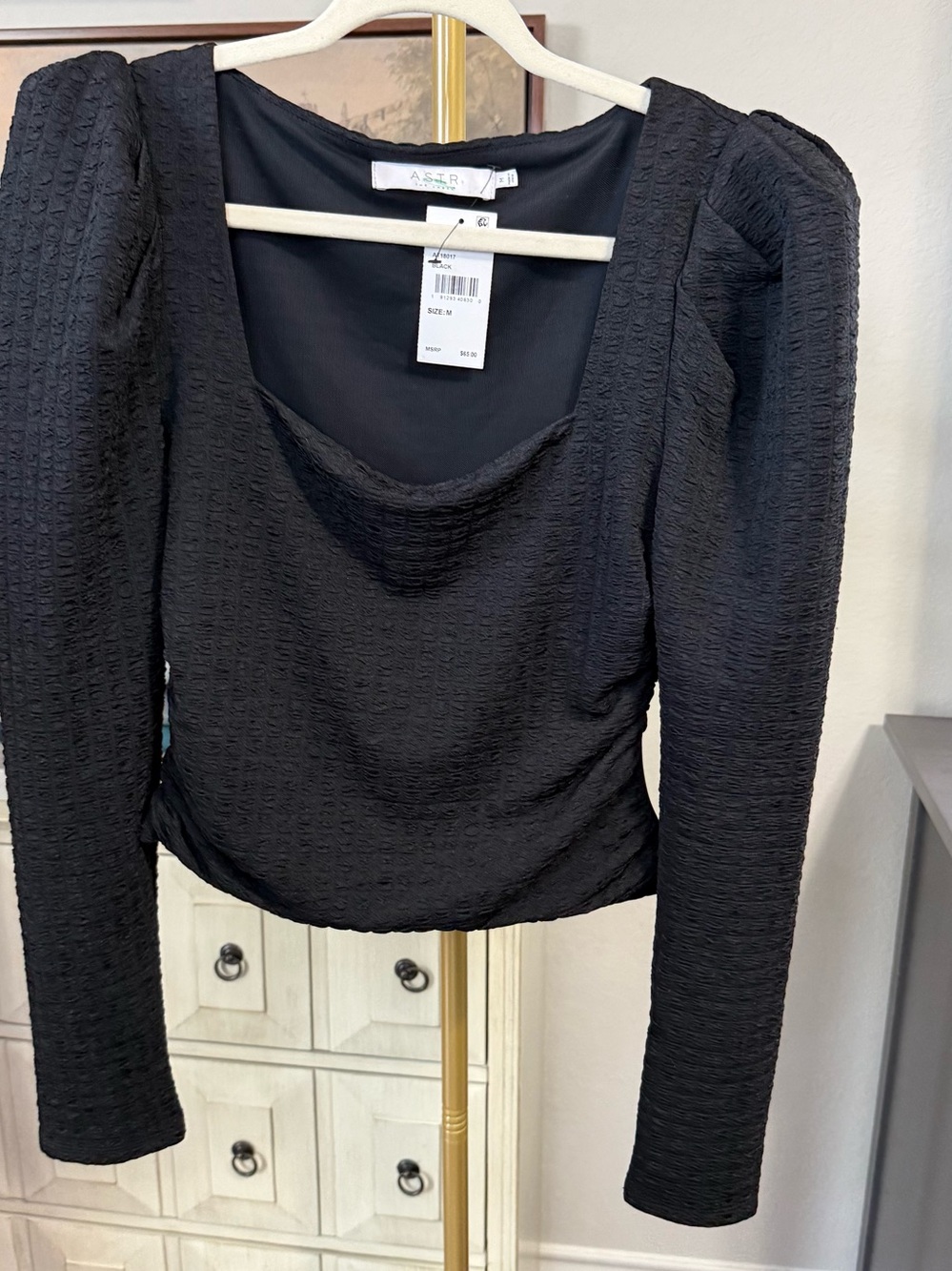 Aster the Label Black Textured Long-Sleeve Square Neck Top